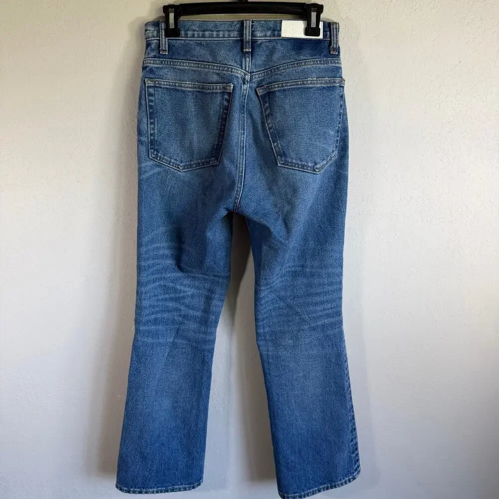 Re/Done High Rise Straight Leg Jeans Womens 25 Mid Wash Blue Denim Distress Knee